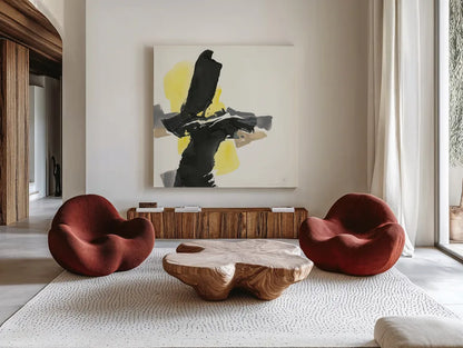 Black and Yellow IV by Chris Paschke. Shown as extra-large giant wall art in a modern living room. Available as an archival giclee rolled canvas, fine art paper, or poster print. SKU 32536a.