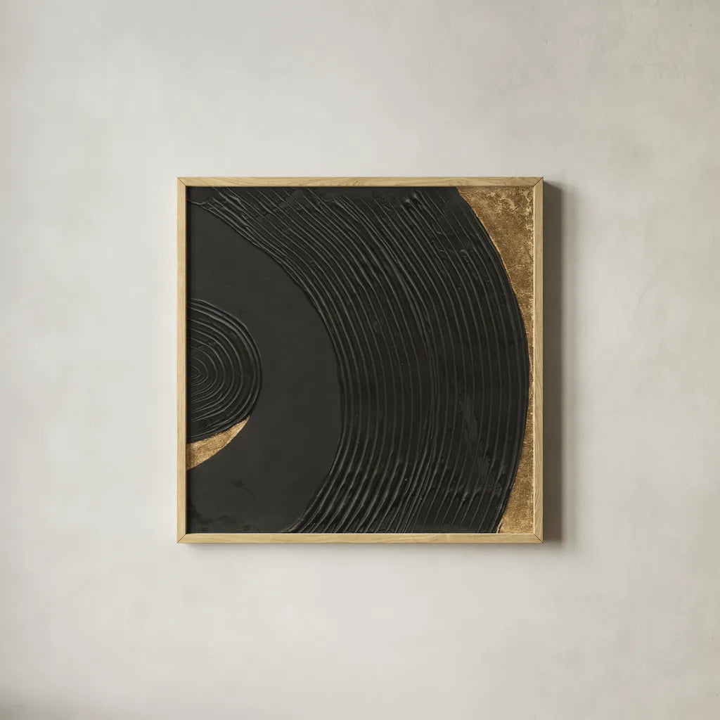 Black on Black I by Chris Paschke. Shown in a natural wood glass frame for a timeless modern aesthetic. Available as an archival giclee rolled canvas, fine art paper, or poster print. SKU 86803a.