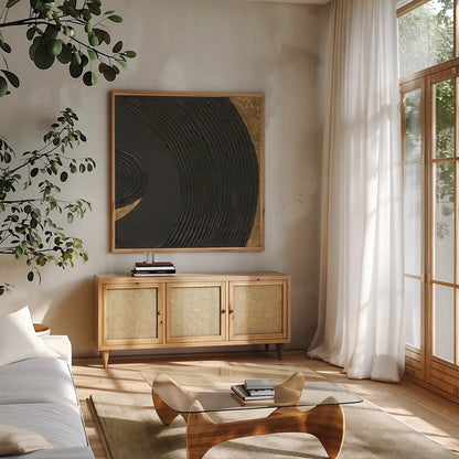 Black on Black I by Chris Paschke. Shown in a natural wood frame in a cozy modern living room. Available as an archival giclee rolled canvas, fine art paper, or poster print. SKU 86803a.