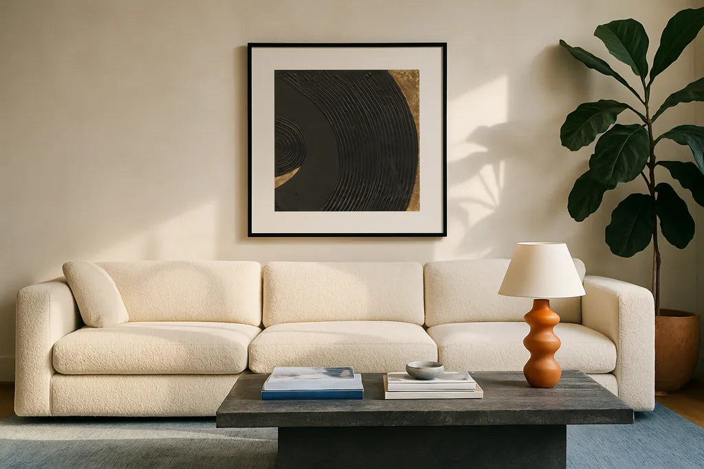 Black on Black I by Chris Paschke. Displayed in a glass frame with matte in a clean modern living room. Available as an archival giclee rolled canvas, fine art paper, or poster print. SKU 86803a.