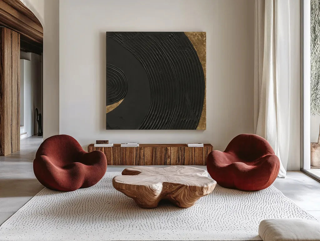 Black on Black I by Chris Paschke. Shown as extra-large giant wall art in a modern living room. Available as an archival giclee rolled canvas, fine art paper, or poster print. SKU 86803a.