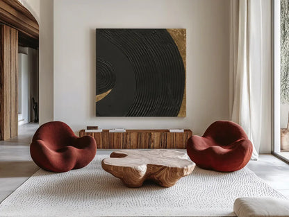 Black on Black I by Chris Paschke. Shown as extra-large giant wall art in a modern living room. Available as an archival giclee rolled canvas, fine art paper, or poster print. SKU 86803a.