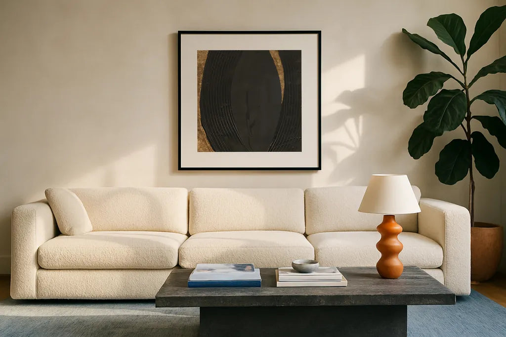 Black on Black II by Chris Paschke. Displayed in a glass frame with matte in a clean modern living room. Available as an archival giclee rolled canvas, fine art paper, or poster print. SKU 86804a.