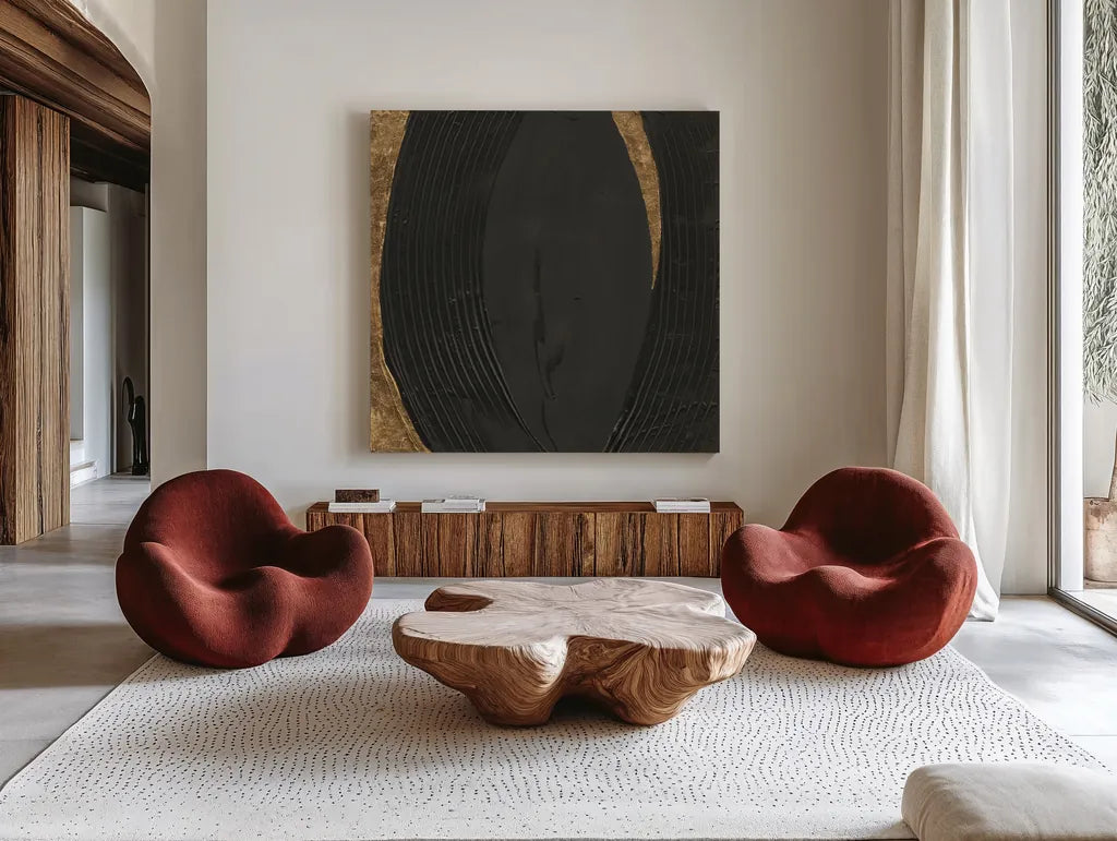 Black on Black II by Chris Paschke. Shown as extra-large giant wall art in a modern living room. Available as an archival giclee rolled canvas, fine art paper, or poster print. SKU 86804a.