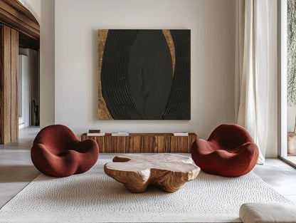 Black on Black II by Chris Paschke. Shown as extra-large giant wall art in a modern living room. Available as an archival giclee rolled canvas, fine art paper, or poster print. SKU 86804a.