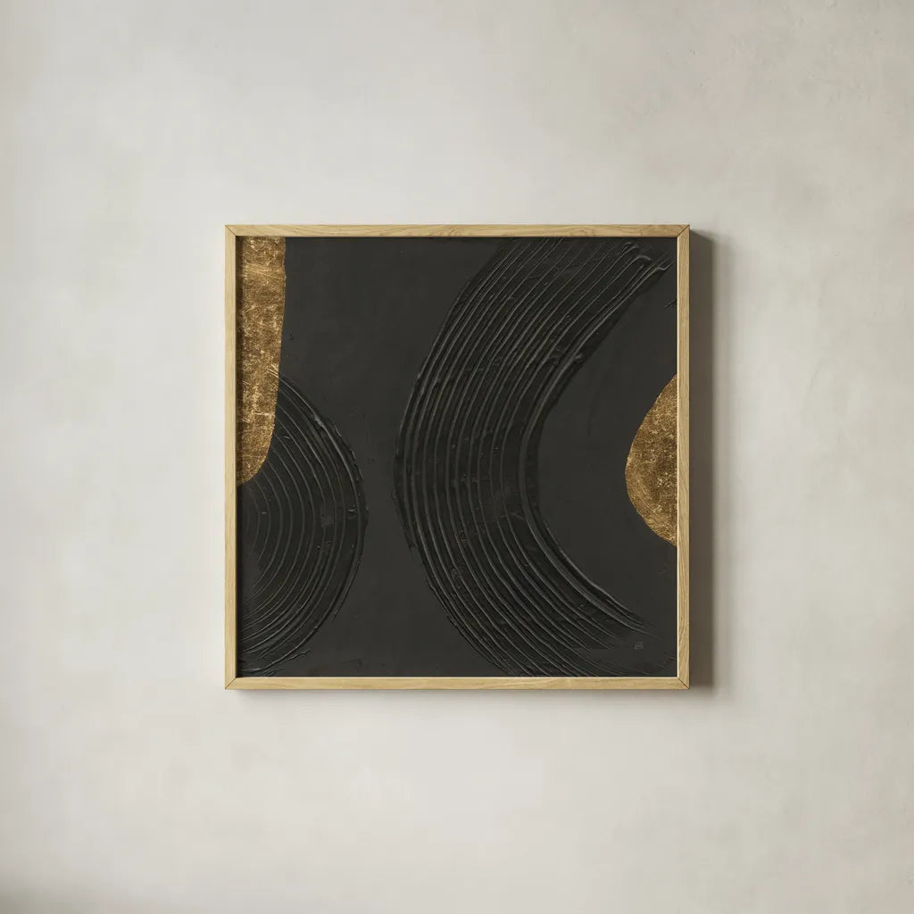 Black on Black III by Chris Paschke. Shown in a natural wood glass frame for a timeless modern aesthetic. Available as an archival giclee rolled canvas, fine art paper, or poster print. SKU 86805a.