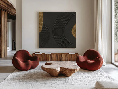 Black on Black III by Chris Paschke. Shown as extra-large giant wall art in a modern living room. Available as an archival giclee rolled canvas, fine art paper, or poster print. SKU 86805a.