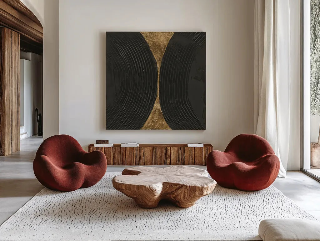 Black on Black IV by Chris Paschke. Shown as extra-large giant wall art in a modern living room. Available as an archival giclee rolled canvas, fine art paper, or poster print. SKU 86806a.
