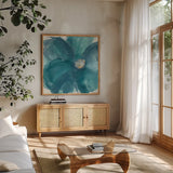 Bloom Beauty I by Chris Paschke. Shown in a natural wood frame in a cozy modern living room. Available as an archival giclee rolled canvas, fine art paper, or poster print. SKU 34008a.