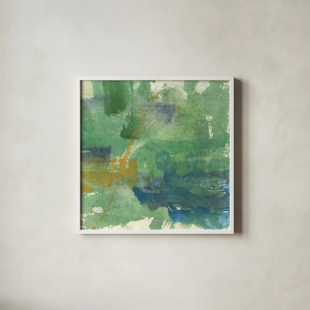 Blue Accent I by Chris Paschke. Shown in a crisp white glass frame for a clean and minimalist style. Available as an archival giclee rolled canvas, fine art paper, or poster print. SKU 37167a.