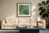 Blue Accent I by Chris Paschke. Displayed in a glass frame with matte in a clean modern living room. Available as an archival giclee rolled canvas, fine art paper, or poster print. SKU 37167a.