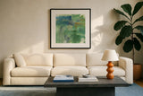 Blue Accent II by Chris Paschke. Displayed in a glass frame with matte in a clean modern living room. Available as an archival giclee rolled canvas, fine art paper, or poster print. SKU 37168a.