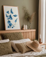 Blue Branch I by Chris Paschke. shown as a paper print in a natural frame. Available as a archival giclee rolled canvas, fine art paper, or poster print. SKU 55059h.