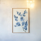 Blue Branch IV by Chris Paschke. shown as a paper print in a natural frame. Available as a archival giclee rolled canvas, fine art paper, or poster print. SKU 55062h.
