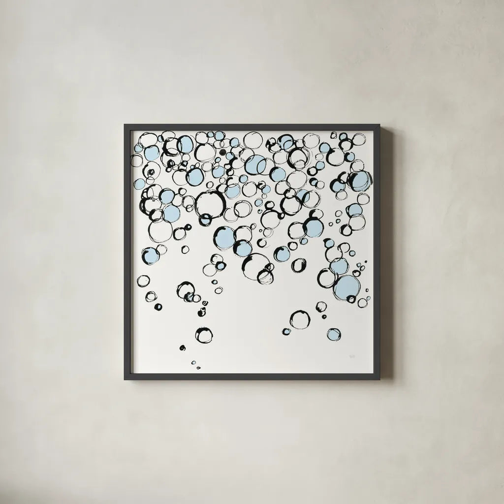 Blue Bubbles III by Chris Paschke. Shown in a sleek black glass frame for a contemporary gallery look. Available as an archival giclee rolled canvas, fine art paper, or poster print. SKU 75525a.