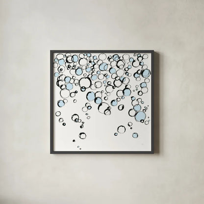 Blue Bubbles III by Chris Paschke. Shown in a sleek black glass frame for a contemporary gallery look. Available as an archival giclee rolled canvas, fine art paper, or poster print. SKU 75525a.