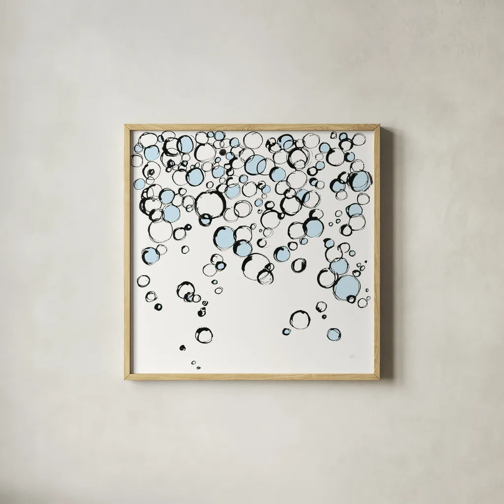 Blue Bubbles III by Chris Paschke. Shown in a natural wood glass frame for a timeless modern aesthetic. Available as an archival giclee rolled canvas, fine art paper, or poster print. SKU 75525a.