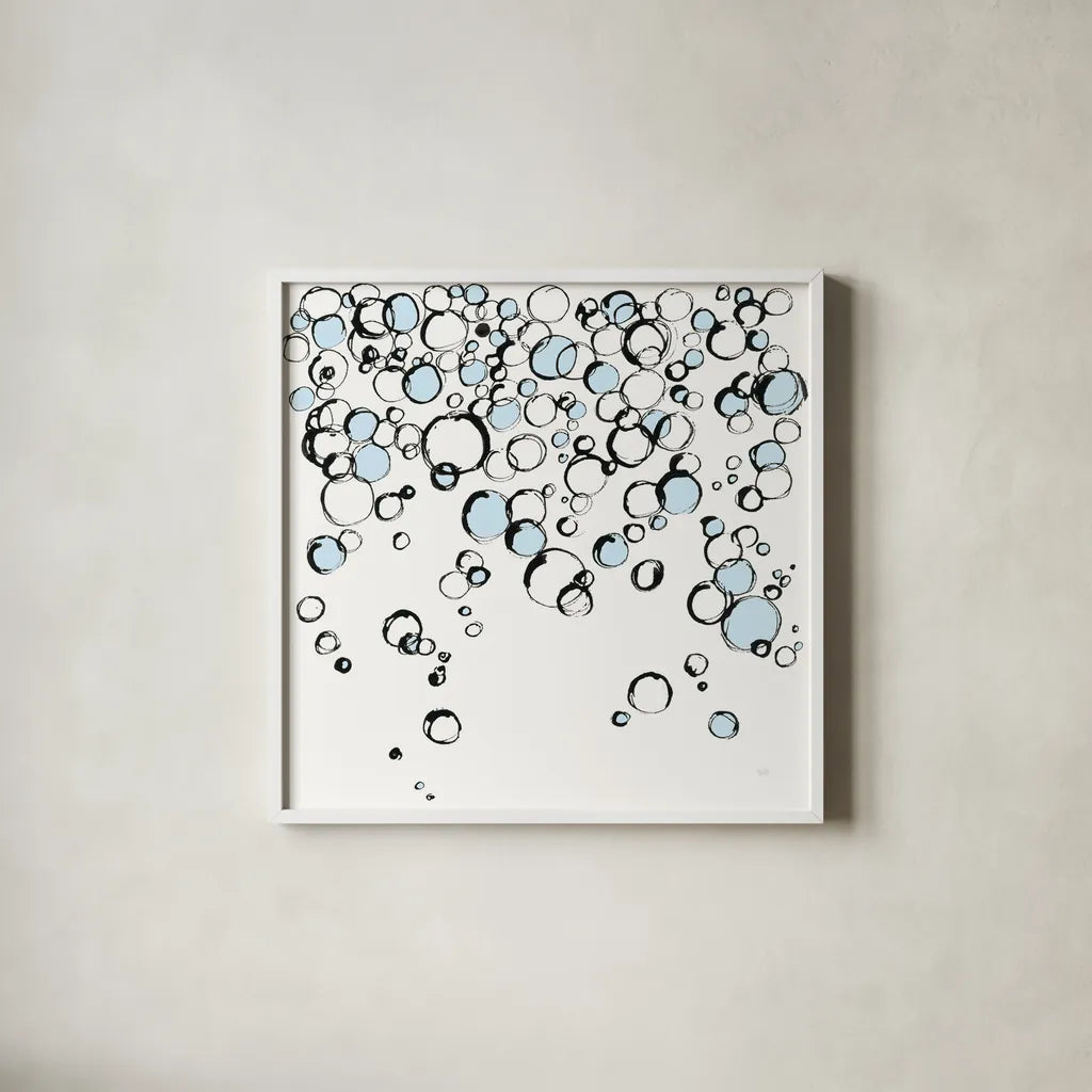 Blue Bubbles III by Chris Paschke. Shown in a crisp white glass frame for a clean and minimalist style. Available as an archival giclee rolled canvas, fine art paper, or poster print. SKU 75525a.