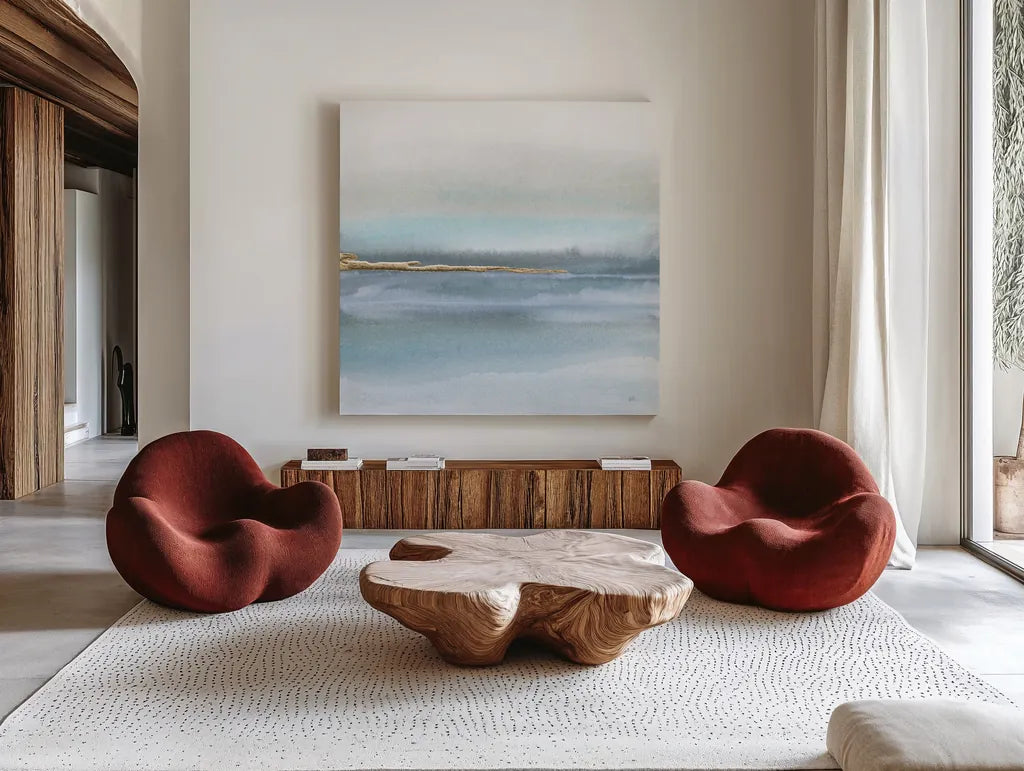 Blue Earth II by Chris Paschke. Shown as extra-large giant wall art in a modern living room. Available as an archival giclee rolled canvas, fine art paper, or poster print. SKU 74885a.
