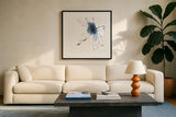Blue Fantasy II by Chris Paschke. Displayed in a glass frame with matte in a clean modern living room. Available as an archival giclee rolled canvas, fine art paper, or poster print. SKU 88349a.