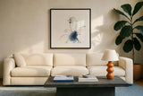 Blue Fantasy III by Chris Paschke. Displayed in a glass frame with matte in a clean modern living room. Available as an archival giclee rolled canvas, fine art paper, or poster print. SKU 88350a.