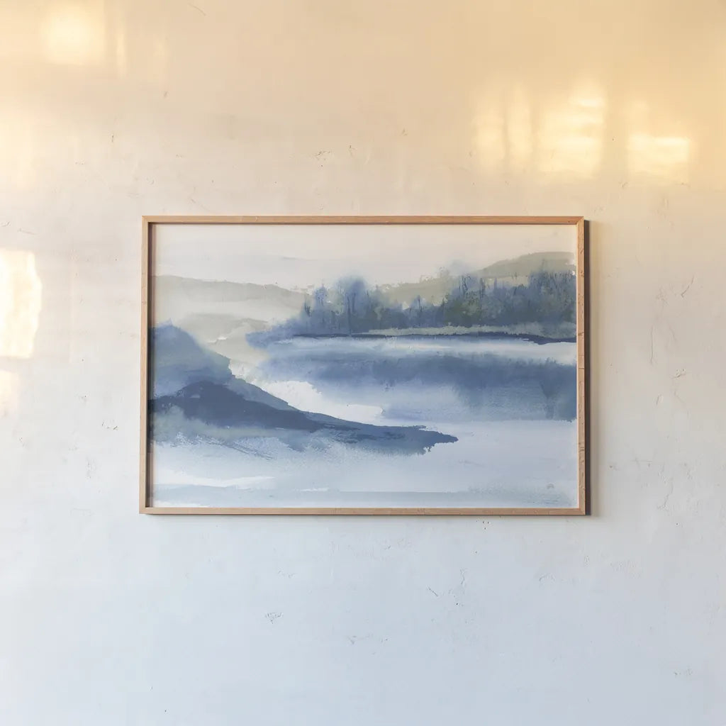 Blue Fog I by Chris Paschke. shown as a paper print in a natural frame. Available as a archival giclee rolled canvas, fine art paper, or poster print. SKU 83105i.