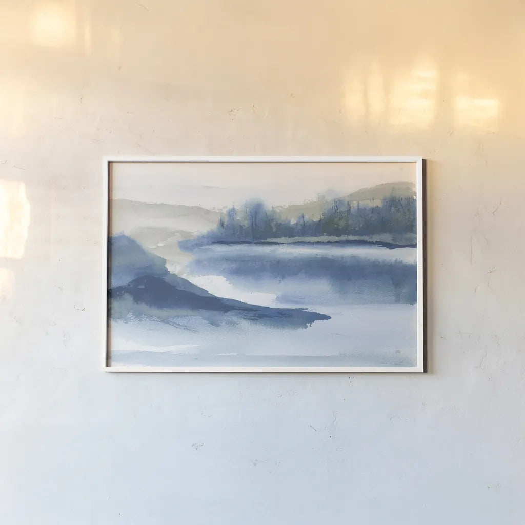 Blue Fog I by Chris Paschke. shown as a paper print in a white frame. Available as a archival giclee rolled canvas, fine art paper, or poster print. SKU 83105i.