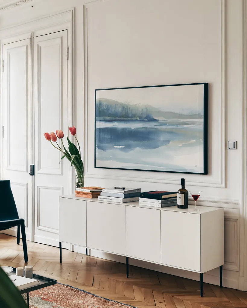 Blue Fog II by Chris Paschke. shown as a framed stretched canvas in a living room above a console. Available as a archival giclee rolled canvas, fine art paper, or poster print. SKU 83106i.