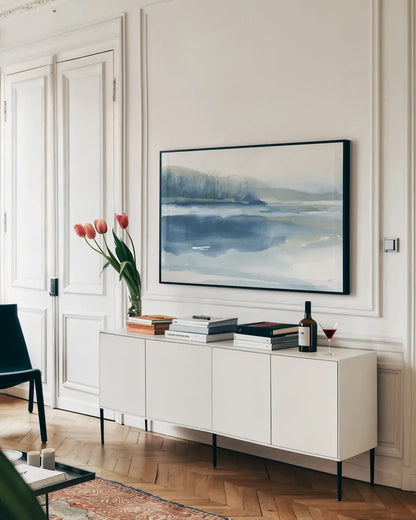 Blue Fog II by Chris Paschke. shown as a framed stretched canvas in a living room above a console. Available as a archival giclee rolled canvas, fine art paper, or poster print. SKU 83106i.