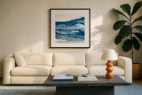 Blue Grayscape III by Chris Paschke. Displayed in a glass frame with matte in a clean modern living room. Available as an archival giclee rolled canvas, fine art paper, or poster print. SKU 68785a.