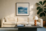 Blue Grayscape IV by Chris Paschke. Displayed in a glass frame with matte in a clean modern living room. Available as an archival giclee rolled canvas, fine art paper, or poster print. SKU 68786a.