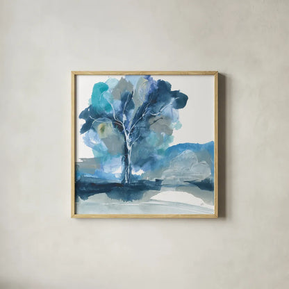 Blue Impasto II by Chris Paschke. Shown in a natural wood glass frame for a timeless modern aesthetic. Available as an archival giclee rolled canvas, fine art paper, or poster print. SKU 83108a.