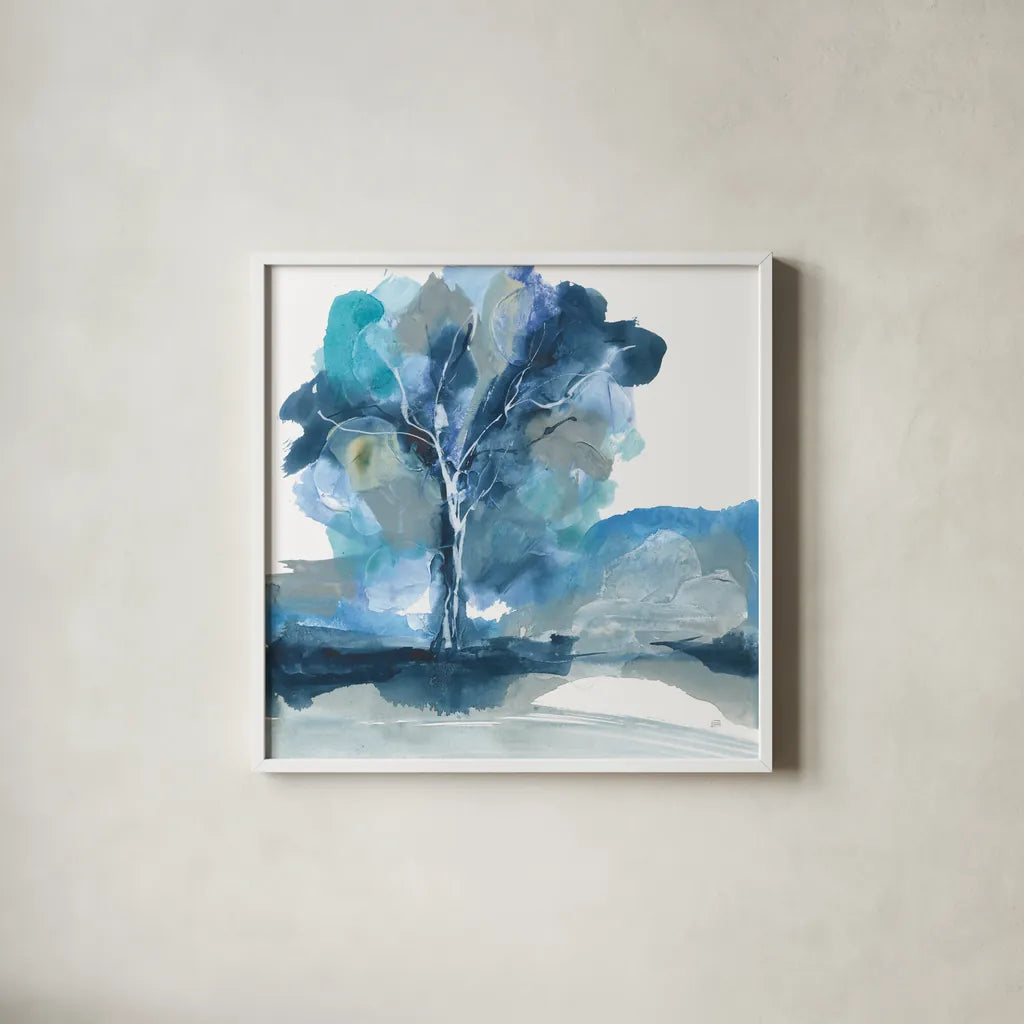 Blue Impasto II by Chris Paschke. Shown in a crisp white glass frame for a clean and minimalist style. Available as an archival giclee rolled canvas, fine art paper, or poster print. SKU 83108a.