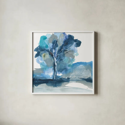 Blue Impasto II by Chris Paschke. Shown in a crisp white glass frame for a clean and minimalist style. Available as an archival giclee rolled canvas, fine art paper, or poster print. SKU 83108a.
