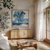 Blue Impasto II by Chris Paschke. Shown in a natural wood frame in a cozy modern living room. Available as an archival giclee rolled canvas, fine art paper, or poster print. SKU 83108a.