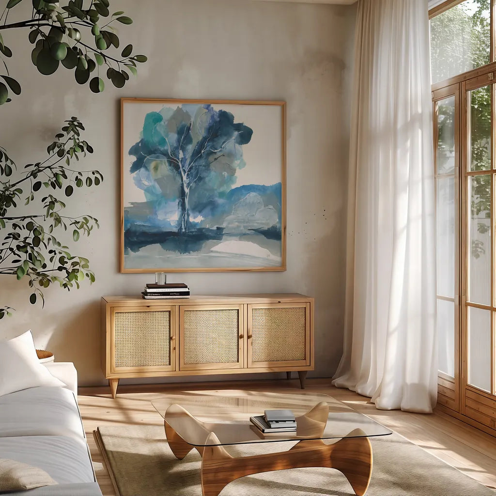 Blue Impasto II by Chris Paschke. Shown in a natural wood frame in a cozy modern living room. Available as an archival giclee rolled canvas, fine art paper, or poster print. SKU 83108a.
