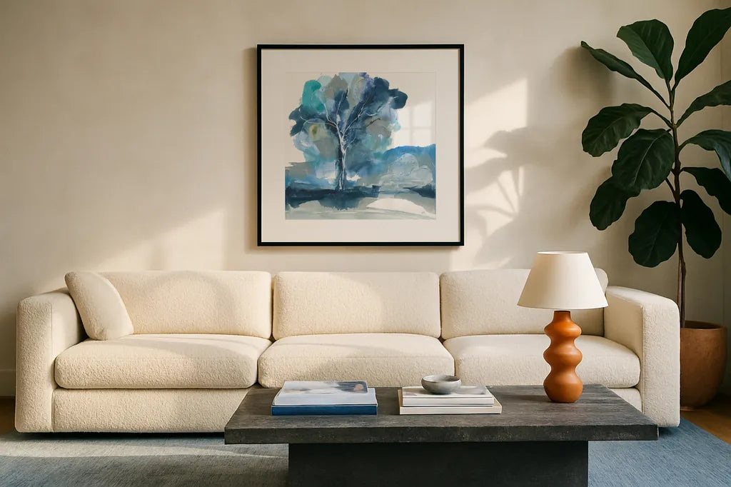 Blue Impasto II by Chris Paschke. Displayed in a glass frame with matte in a clean modern living room. Available as an archival giclee rolled canvas, fine art paper, or poster print. SKU 83108a.