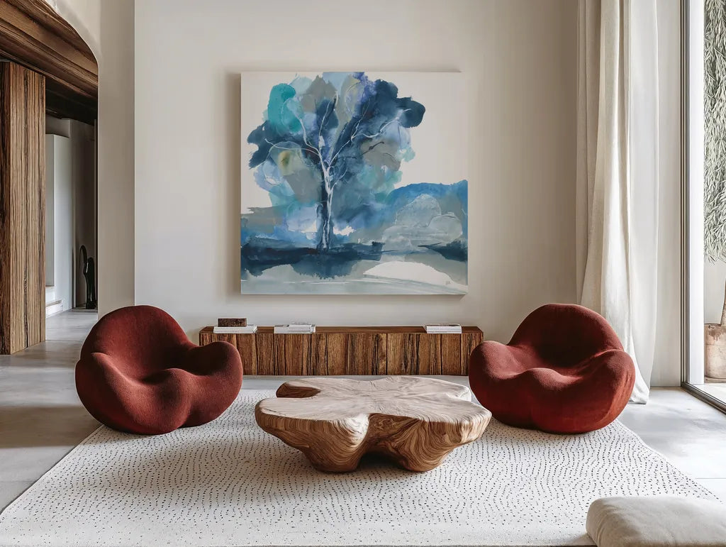 Blue Impasto II by Chris Paschke. Shown as extra-large giant wall art in a modern living room. Available as an archival giclee rolled canvas, fine art paper, or poster print. SKU 83108a.