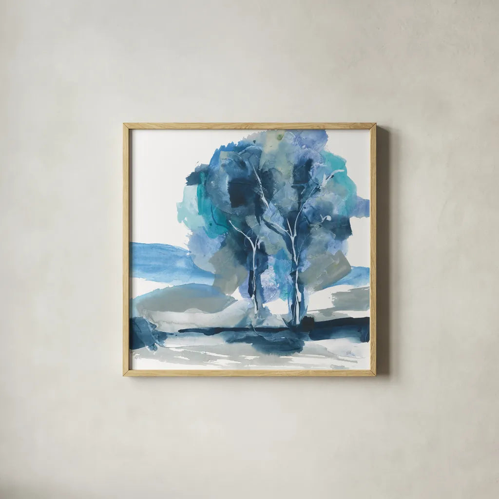 Blue Impasto III by Chris Paschke. Shown in a natural wood glass frame for a timeless modern aesthetic. Available as an archival giclee rolled canvas, fine art paper, or poster print. SKU 83109a.