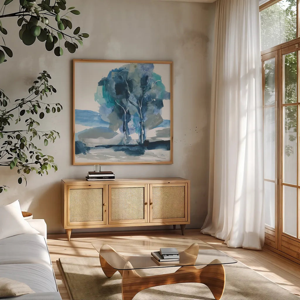 Blue Impasto III by Chris Paschke. Shown in a natural wood frame in a cozy modern living room. Available as an archival giclee rolled canvas, fine art paper, or poster print. SKU 83109a.