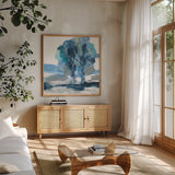 Blue Impasto III by Chris Paschke. Shown in a natural wood frame in a cozy modern living room. Available as an archival giclee rolled canvas, fine art paper, or poster print. SKU 83109a.