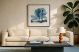 Blue Impasto III by Chris Paschke. Displayed in a glass frame with matte in a clean modern living room. Available as an archival giclee rolled canvas, fine art paper, or poster print. SKU 83109a.