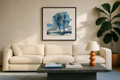 Blue Impasto III by Chris Paschke. Displayed in a glass frame with matte in a clean modern living room. Available as an archival giclee rolled canvas, fine art paper, or poster print. SKU 83109a.