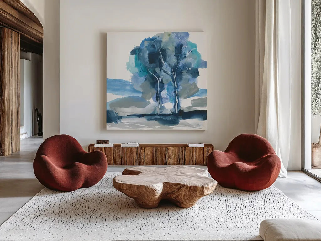 Blue Impasto III by Chris Paschke. Shown as extra-large giant wall art in a modern living room. Available as an archival giclee rolled canvas, fine art paper, or poster print. SKU 83109a.