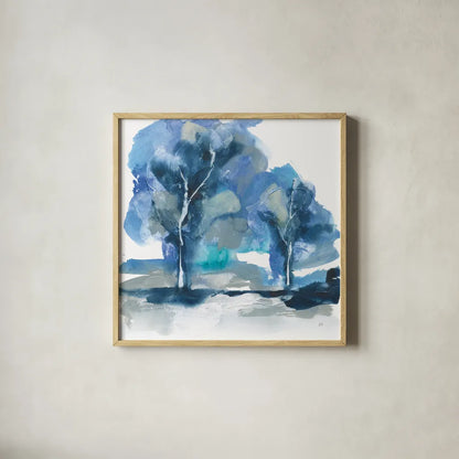 Blue Impasto IV by Chris Paschke. Shown in a natural wood glass frame for a timeless modern aesthetic. Available as an archival giclee rolled canvas, fine art paper, or poster print. SKU 83110a.