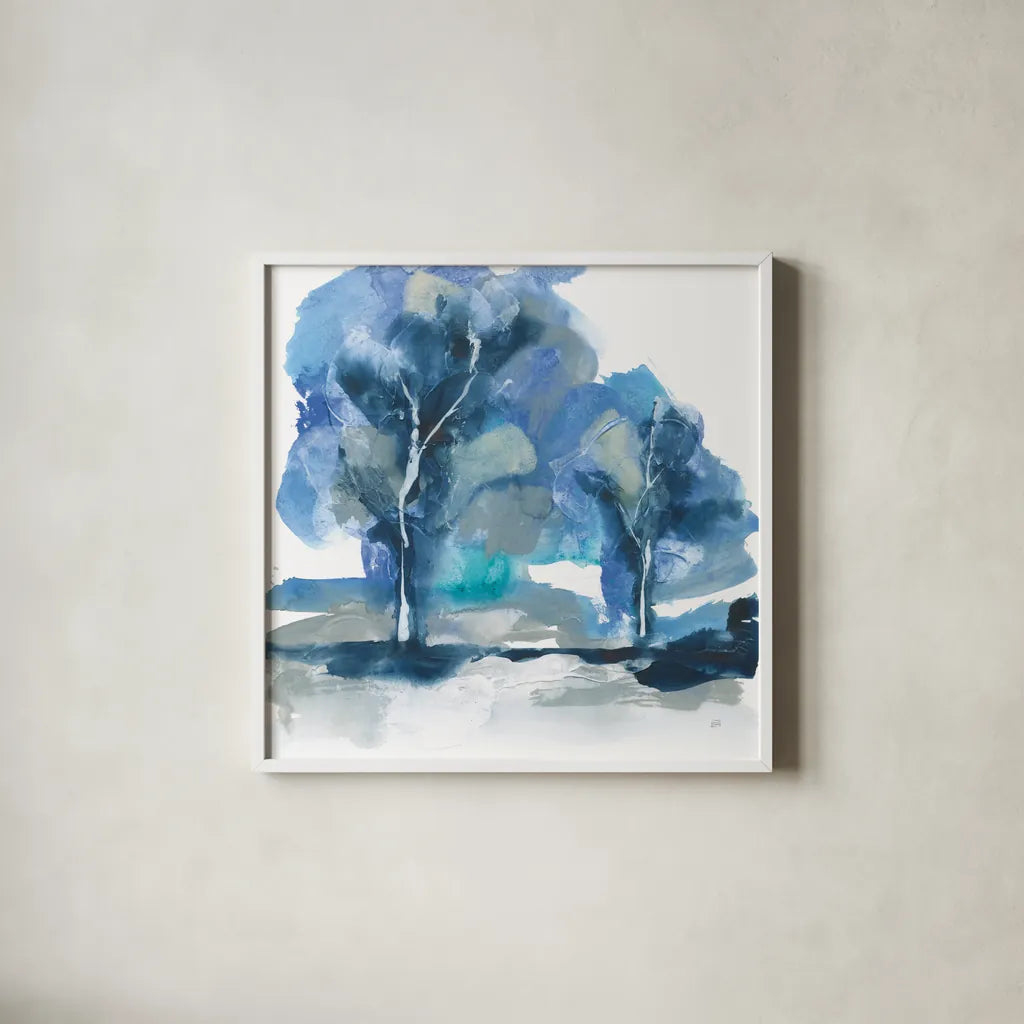 Blue Impasto IV by Chris Paschke. Shown in a crisp white glass frame for a clean and minimalist style. Available as an archival giclee rolled canvas, fine art paper, or poster print. SKU 83110a.