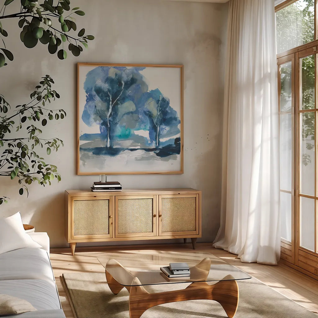 Blue Impasto IV by Chris Paschke. Shown in a natural wood frame in a cozy modern living room. Available as an archival giclee rolled canvas, fine art paper, or poster print. SKU 83110a.