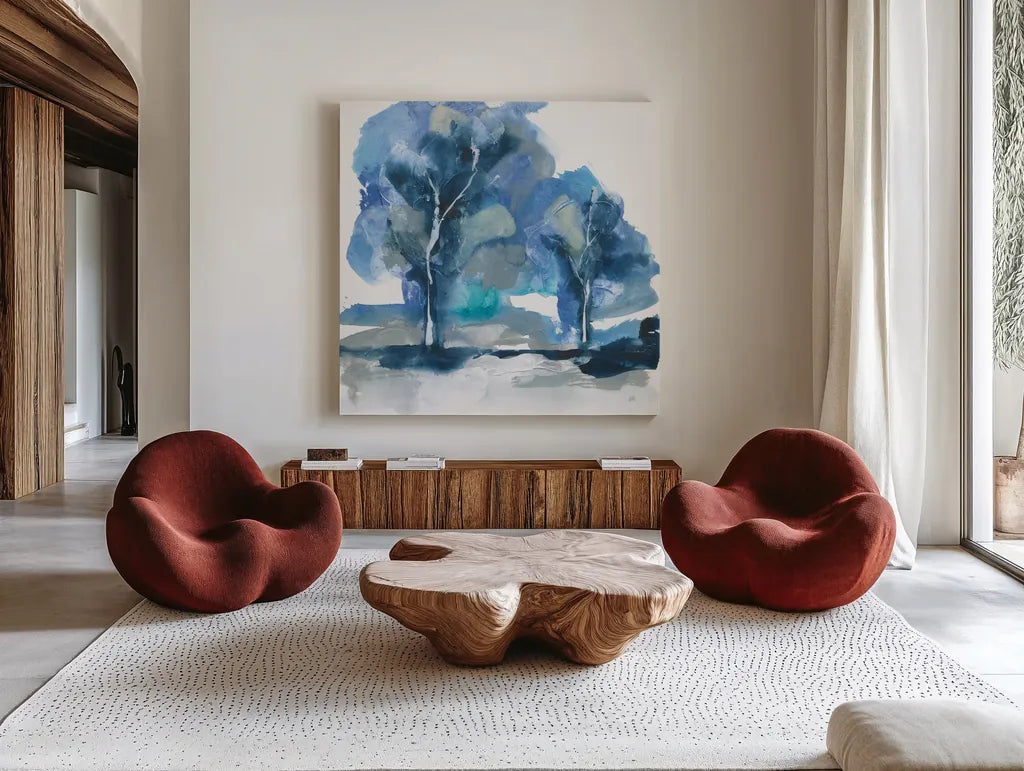 Blue Impasto IV by Chris Paschke. Shown as extra-large giant wall art in a modern living room. Available as an archival giclee rolled canvas, fine art paper, or poster print. SKU 83110a.