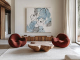 Blue Neutrals I by Chris Paschke. Shown as extra-large giant wall art in a modern living room. Available as an archival giclee rolled canvas, fine art paper, or poster print. SKU 70649a.