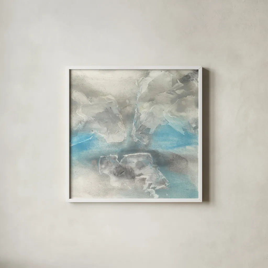 Blue Tones I by Chris Paschke. Shown in a crisp white glass frame for a clean and minimalist style. Available as an archival giclee rolled canvas, fine art paper, or poster print. SKU 35267a.